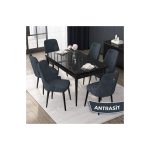 Canisa Concept Nex Serisi,  Mermer 80 x 132 cm Mdf Mutfak Masası Takımı Metal Iskelet, 6 Sandalye Gold Halka
