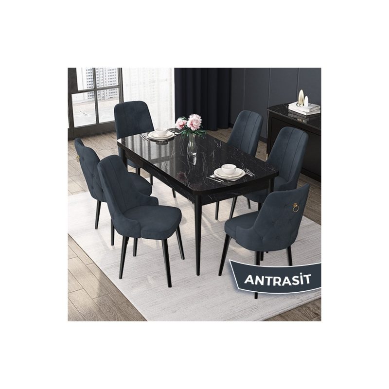 Canisa Concept Nex Serisi,  Mermer 80 x 132 cm Mdf Mutfak Masası Takımı Metal Iskelet, 6 Sandalye Gold Halka