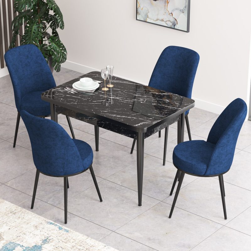 Canisa Concept Nil Serisi Siyah Mermer Desenli Yemek Masası Mutfak Masa Takımı+4 Adet Sandalye