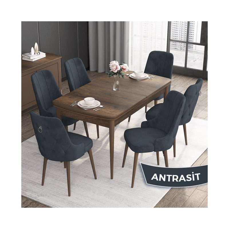 Canisa Concept Noa Serisi, 80 x 132 cm Mdf Masa Takımı, Barok Ahşap Desen Masa 6 Sandalye, Gümüş Halkalı