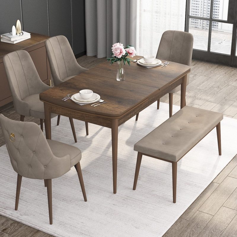 Canisa Concept Noa Serisi, 80X132 Açılabilir Benchli Barok Ahşap Desen Mutfak Masa Takımı, 4 Sandalye 1 Bench