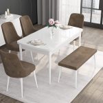 Canisa Concept Noa Serisi, 80X132 Açılabilir Benchli Mdf Beyaz Mutfak Masa Takımı, 4 Sandalye 1 Bench