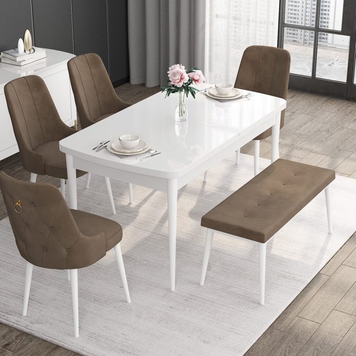 Canisa Concept Noa Serisi, 80X132 Açılabilir Benchli Mdf Beyaz Mutfak Masa Takımı, 4 Sandalye 1 Bench