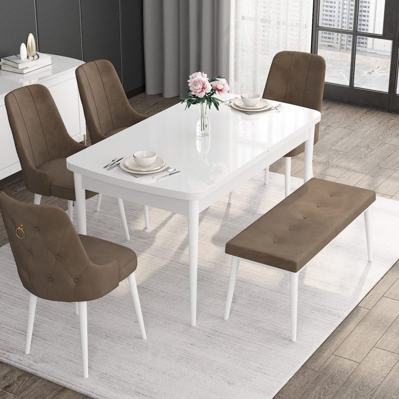 Canisa Concept Noa Serisi, 80X132 Açılabilir Benchli Mdf Beyaz Mutfak Masa Takımı, 4 Sandalye 1 Bench