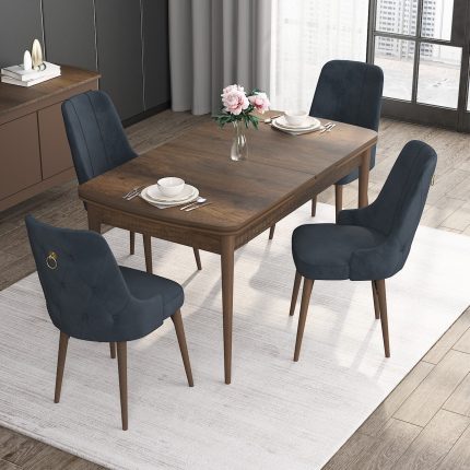Canisa Concept Noa Serisi, 80X132 Açılabilir Mdf Masa, Barok Ahşap Desenli Mutfak Masa Takımı, 4 Sandalye