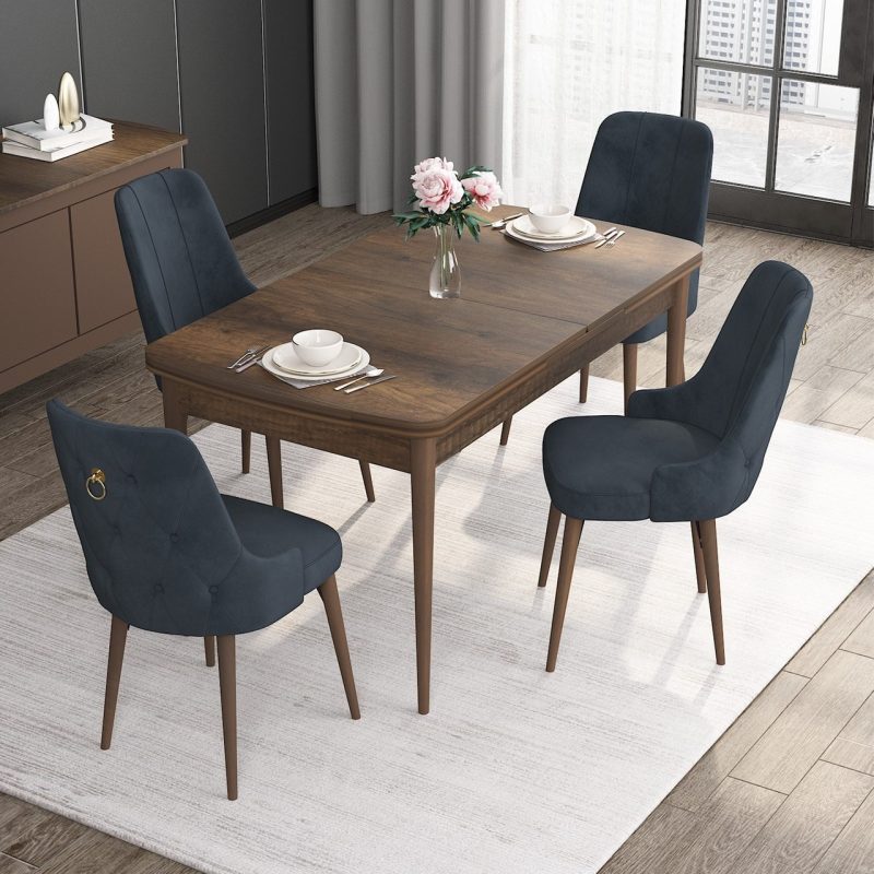 Canisa Concept Noa Serisi, 80X132 Açılabilir Mdf Masa, Barok Ahşap Desenli Mutfak Masa Takımı, 4 Sandalye