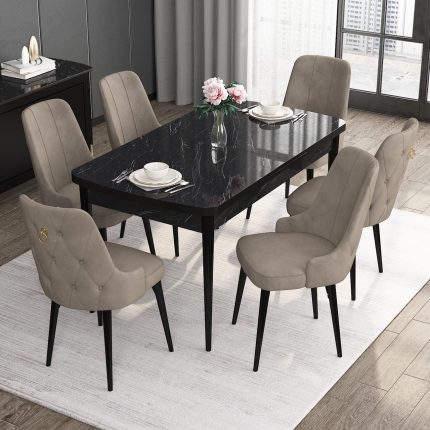 Canisa Concept Noa Serisi, 80X132 Açılabilir Mdf  Mermer Desen Mutfak Masası Takımı, 6 Sandalye