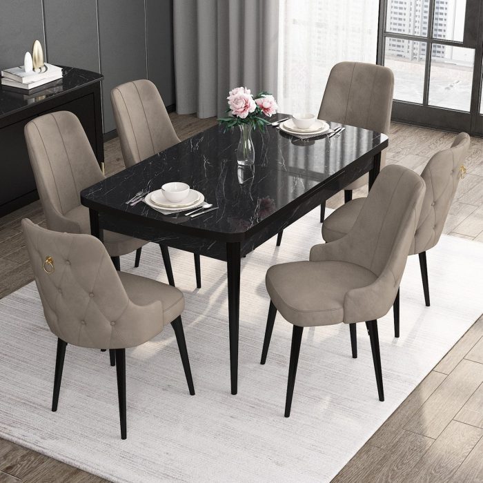 Canisa Concept Noa Serisi, 80X132 Açılabilir Mdf  Mermer Desen Mutfak Masası Takımı, 6 Sandalye