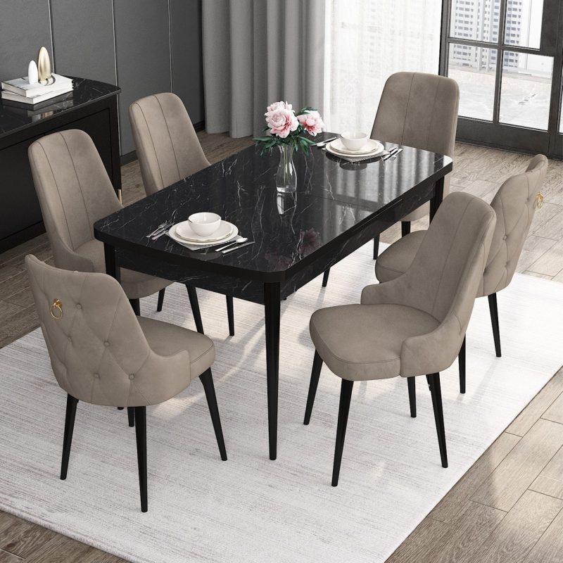 Canisa Concept Noa Serisi, 80X132 Açılabilir Mdf  Mermer Desen Mutfak Masası Takımı, 6 Sandalye