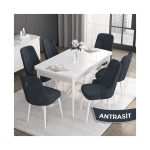 Canisa Concept Noa Serisi,80 x 132 cm Açılabilir Mdf Masa,beyaz Mutfak Masa Takımı,6 Sandalye Gümüş Halkalı