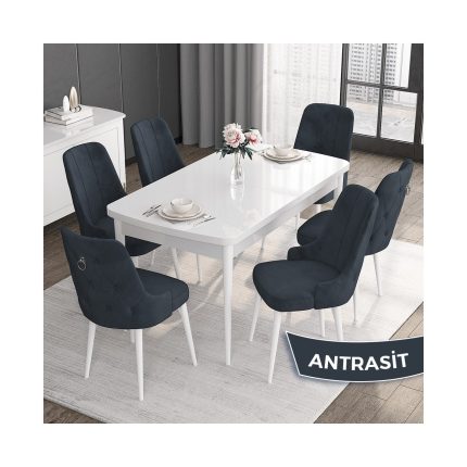 Canisa Concept Noa Serisi,80 x 132 cm Açılabilir Mdf Masa,beyaz Mutfak Masa Takımı,6 Sandalye Gümüş Halkalı