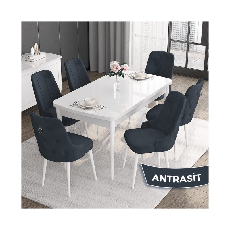 Canisa Concept Noa Serisi,80 x 132 cm Açılabilir Mdf Masa,beyaz Mutfak Masa Takımı,6 Sandalye Gümüş Halkalı