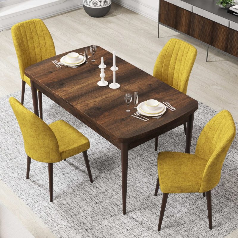 Canisa Concept Par Serisi 70X114, Açılabilir Mdf Mutfak Masa Takımı, Barok Ahşap Desen Masa ve 4 Sandalye