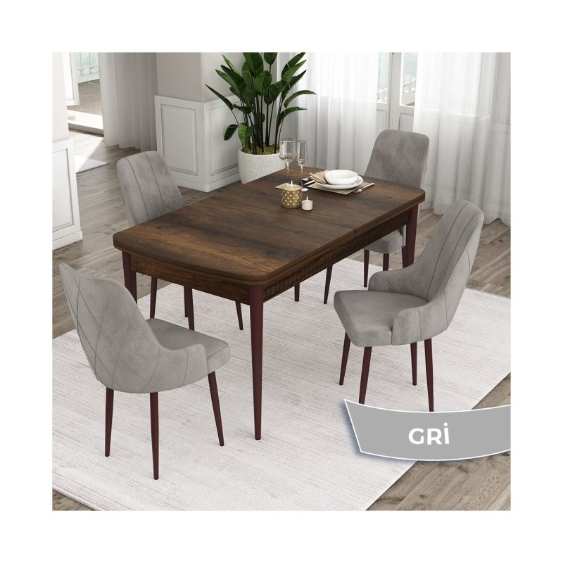 Canisa Concept Ram Serisi, 80 x 132 cm Açılabilir Masa Takımı, Barok Ahşap Desen Masa 4 Sandalye