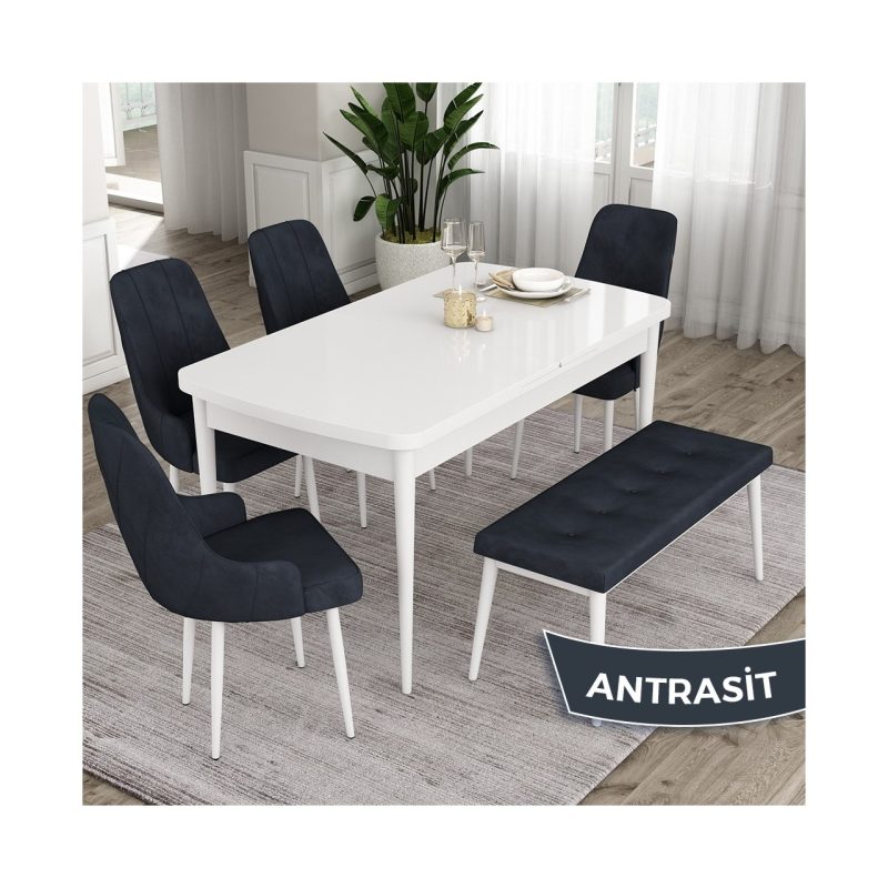 Canisa Concept Ram Serisi 80 x 132 cm Mutfak Masa Takımı Beyaz Masa 4 Sandalye 1 Bench