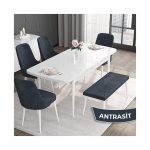 Canisa Concept Roy Serisi,80 x 132 cm Açılabilir Mdf Masa,beyaz Mutfak Masa Takımı, 4 Sandalye 1 Bench