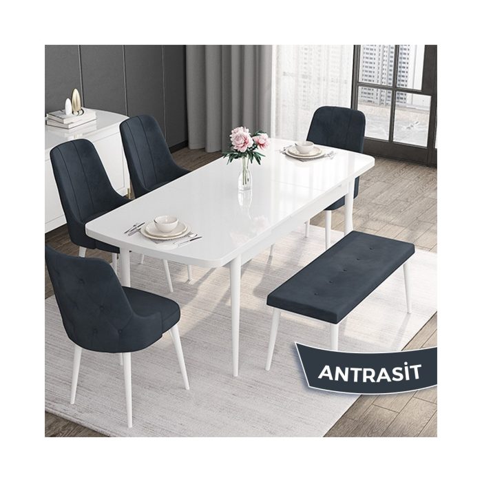Canisa Concept Roy Serisi,80 x 132 cm Açılabilir Mdf Masa,beyaz Mutfak Masa Takımı, 4 Sandalye 1 Bench