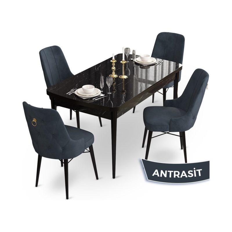 Canisa Concept Taç Serisi 80 x 132 cm Açılabilir  Mermer Desen Masa Takımı 4 Sandalye Gold Halkalı