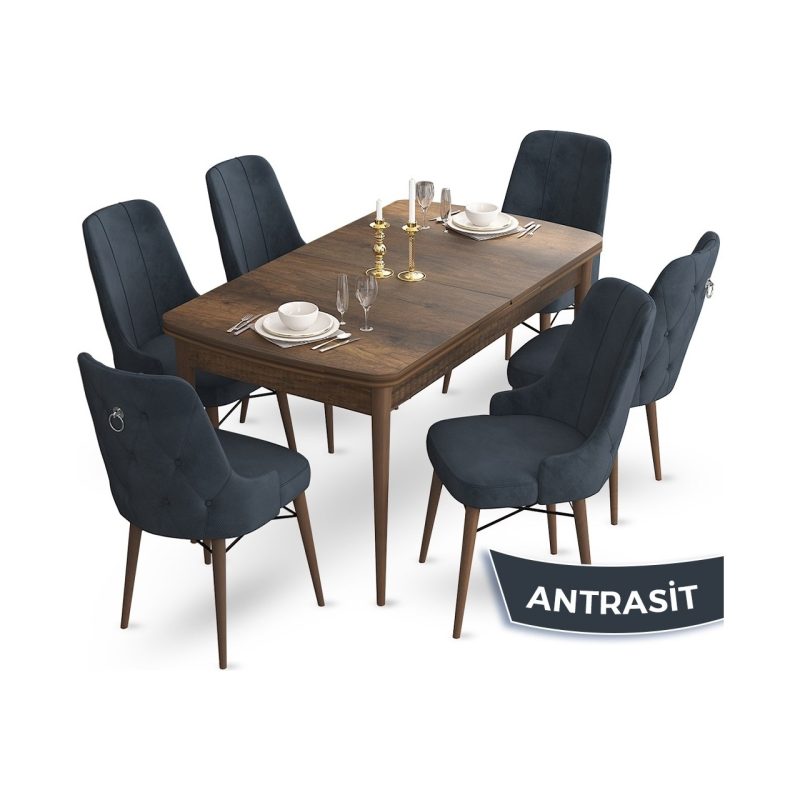 Canisa Concept Taç Serisi 80 x 132 cm Barok Ahşap Desen Mutfak Masası Takımı 6 Sandalye Gümüş Halkalı