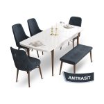 Canisa Concept Taç Serisi  80 x 132 cm Beyaz Masa Ceviz Ayak Yemek Masası Takımı  4 Sandalye Gümüş Halkalı ve 1 Bench