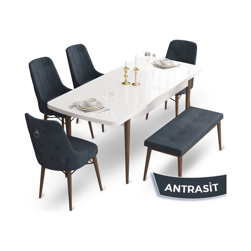 Canisa Concept Taç Serisi  80 x 132 cm Beyaz Masa Ceviz Ayak Yemek Masası Takımı  4 Sandalye Gümüş Halkalı ve 1 Bench