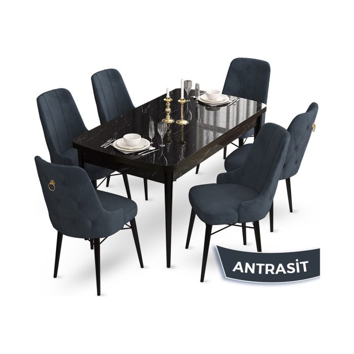 Canisa Concept Taç Serisi 80X132 Açılabilir  Mermer Desen Masa Takımı  6 Sandalye Gold Halkalı