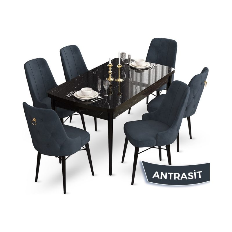 Canisa Concept Taç Serisi 80X132 Açılabilir  Mermer Desen Masa Takımı  6 Sandalye Gold Halkalı