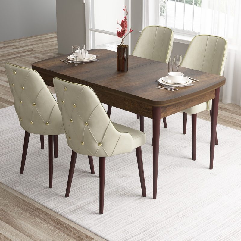 Canisa Concept Tia Serisi,  Barok Ahşap Desen 80X132 Açılabilir Mdf Mutfak Masası Takımı 4 Sandalye Gold Detay
