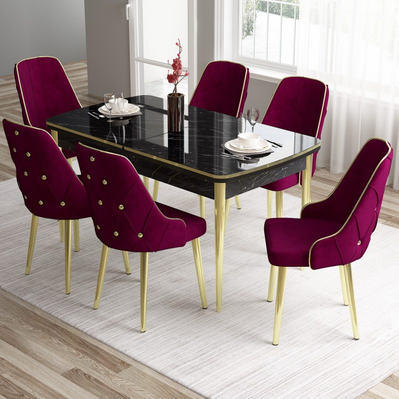 Canisa Concept Tia Serisi,  Mermer Desen 80X132 Açılabilir Mdf Yemek Odası Takımı 6 Sandalye Gold Detay