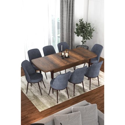 Canisa Concept Via Serisi 80 x 132 cm  Açılabilir Barok Ahşap Desen Mutfak Masa Takımı + 8 Adet Sandalye