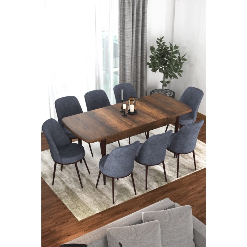 Canisa Concept Via Serisi 80 x 132 cm  Açılabilir Barok Ahşap Desen Mutfak Masa Takımı + 8 Adet Sandalye