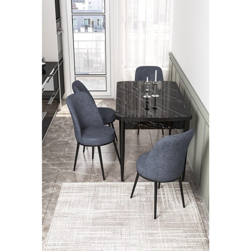Canisa Concept Via Serisi 80X132 Açılabilir Siyah Mermer Desen Mutfak Masa Takımı+4 Adet Sandalye