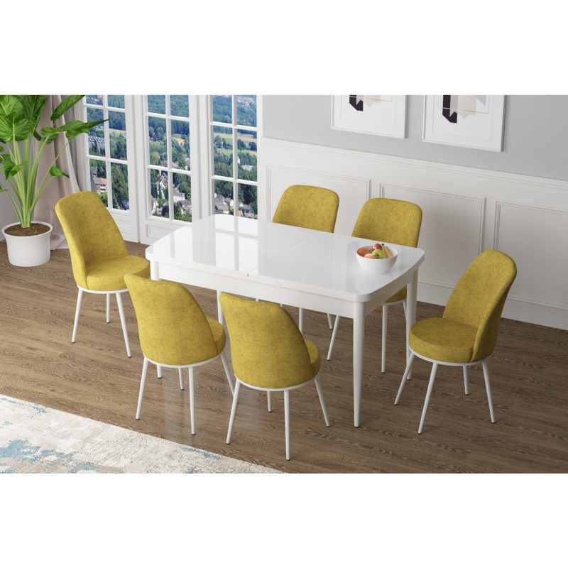 Canisa Concept Via Serisi, 80×132 Açılabilir Beyaz Mutfak Masası Takımı, 6 Sandalye
