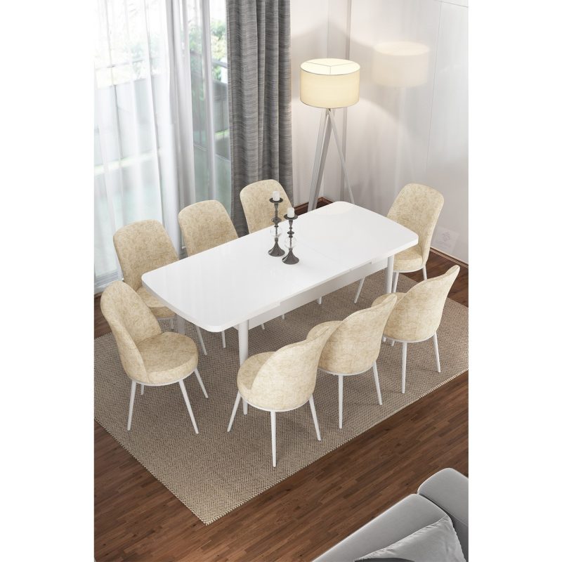 Canisa Concept Via Serisi Açılabilir Beyaz Renk Mutfak Masası Takımı, Yemek Masası+8 Adet Sandalye