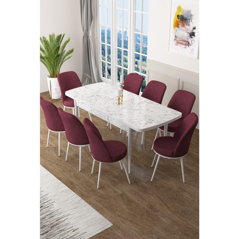 Canisa Concept Zen Serisi Mdf Açılabilir Mutfak Masası Takımı ,beyaz Mermer Desen Masa + 8 Adet Sandalye