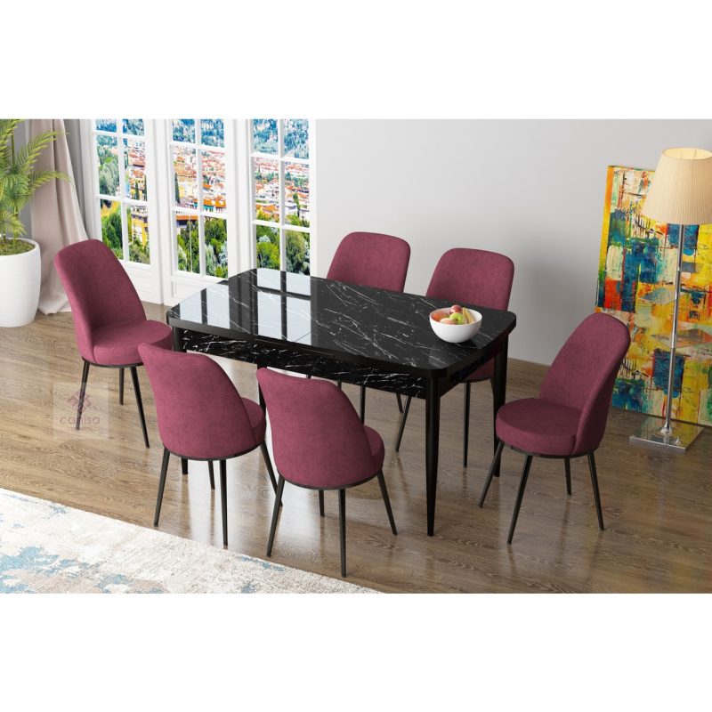 Canisa Concept Zen Siyah Mermer Yemek Masası Takım Mutfak Masası Takımı 6 Sandalye