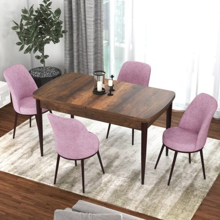 Canisa Kor Serisi, 70X114 Açılabilir Mutfak Masa Takımı, Barok Ahşap Desen Masa ve 4 Sandalye