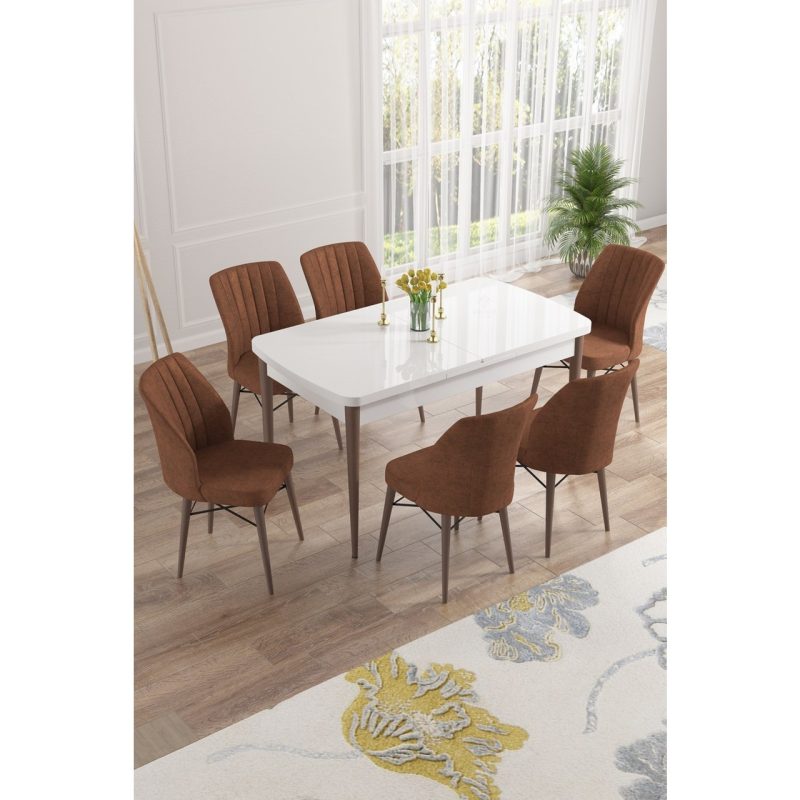 Canisa Nef Serisi 70 x 114 Cm, Açılabilir Mdf Mutfak Masa Takımı, Beyaz Masa Ceviz Ayak, 6 Sandalye