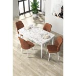 Canisa Par Serisi 70 x 114 Cm, Açılabilir Mdf Mutfak Masa Takımı, Beyaz Mermer Desen Masa ve 4 Sandalye