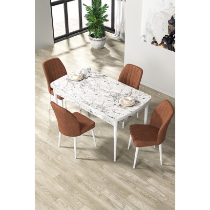 Canisa Par Serisi 70 x 114 Cm, Açılabilir Mdf Mutfak Masa Takımı, Beyaz Mermer Desen Masa ve 4 Sandalye