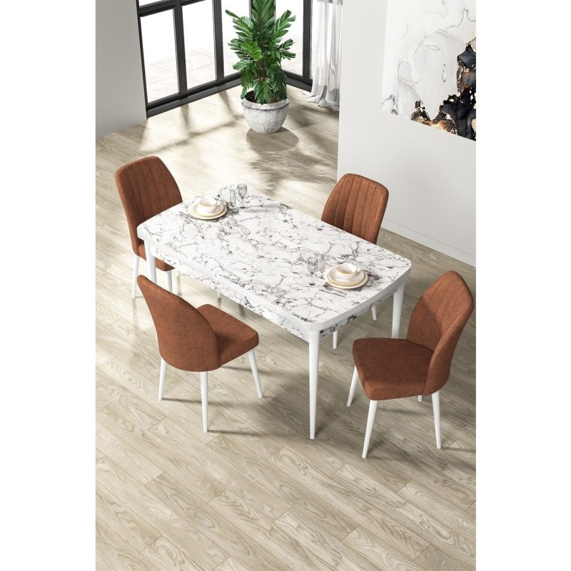 Canisa Par Serisi 70 x 114 Cm, Açılabilir Mdf Mutfak Masa Takımı, Beyaz Mermer Desen Masa ve 4 Sandalye