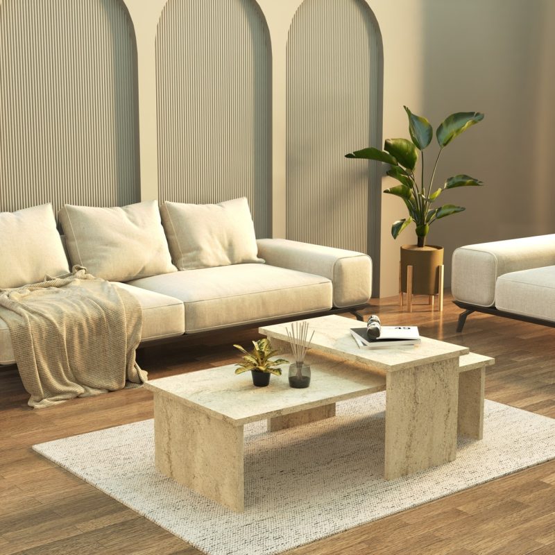 Cool Home Vera 2 ‘ Li Orta Sehpa , Servis Sehpası  Traverten (Mermer Desen)