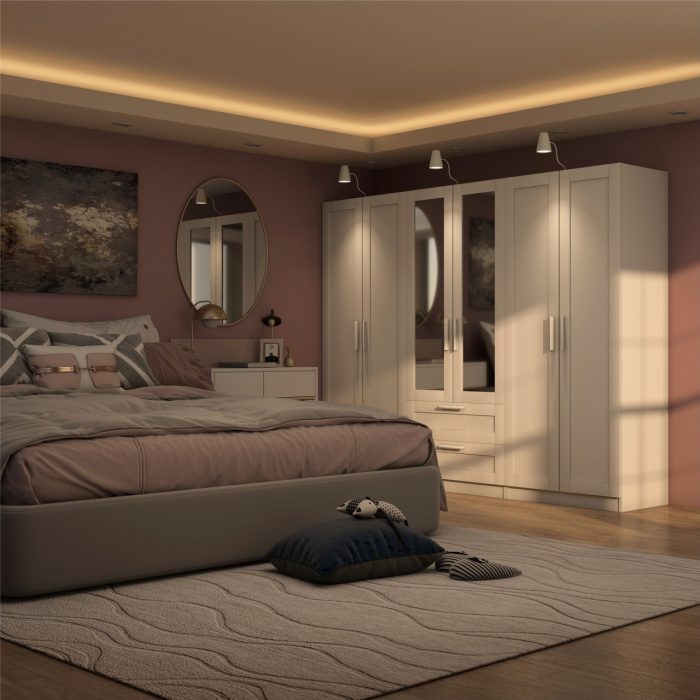 Dekorex MNT-616-BEYAZ -Altı Kapaklı Iki Çekmeceli Aynalı Gardırop
