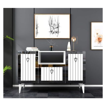 Demonte Home Mobilya Linda 3 Kapaklı Lazer Desenli Pleksili Konsol Beyaz-Gümüş
