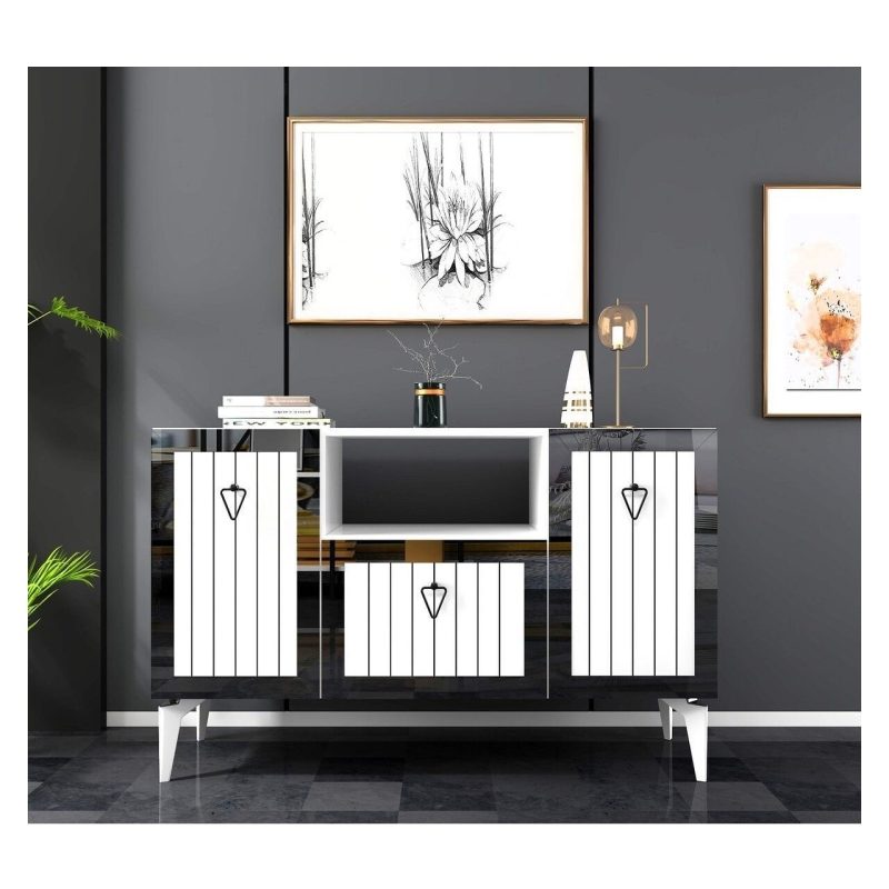 Demonte Home Mobilya Linda 3 Kapaklı Lazer Desenli Pleksili Konsol Beyaz-Gümüş