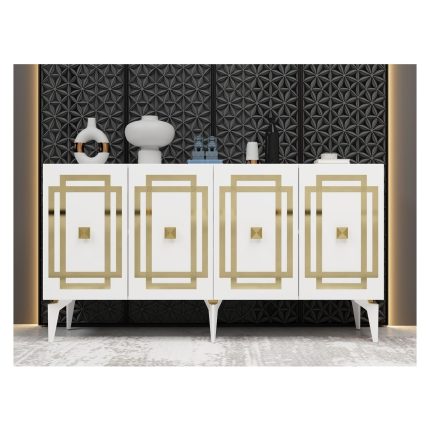 Demonte Home Mobilya Lotusdh Konsol 4 Kapaklı Raflı Beyaz-Altın