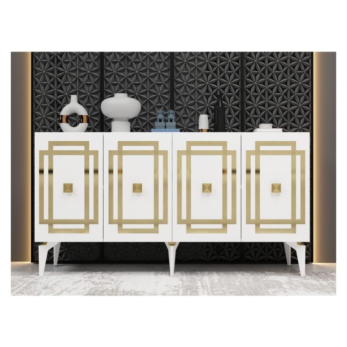 Demonte Home Mobilya Lotusdh Konsol 4 Kapaklı Raflı Beyaz-Altın