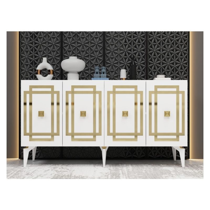Demonte Home Mobilya Lotusdh Konsol 4 Kapaklı Raflı Beyaz-Altın