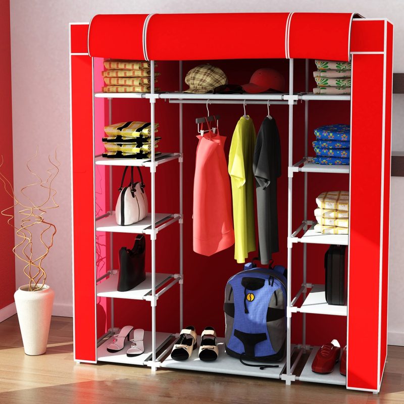Dzgn Home  Çift Yandan Raflı Metal Çelik Profilli Bez Dolap Gardırop