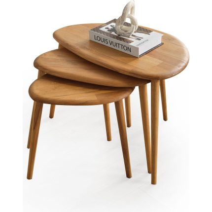 Faw Decor Doğal Ahşap Zigon Sehpa 3’lü Set, Modern Masif Yan Sehpa